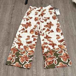 Lulumari Floral Wide Leg Pants - Cream, Brown, and Green